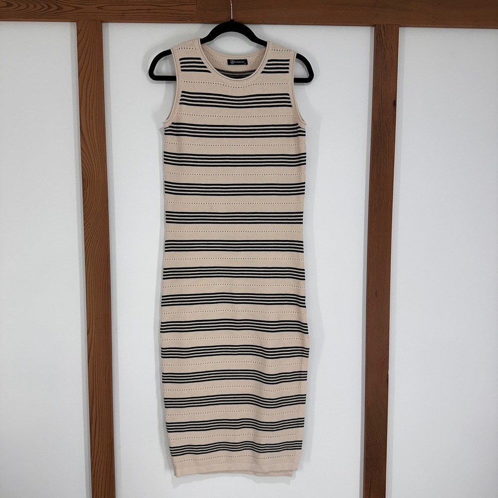 PrettyGarden Striped Knit Midi Dress Womens Small Beige Black Sleeveless Coastal
